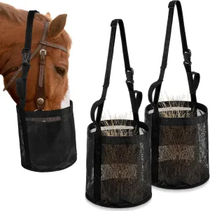 2 Pcs Horse Feed Bag Comfort Breathable Mesh Feed Bucket Heavy Duty Feed Bag with Adjustable Strap and Waterproof Bottom for Horse Feeding Supplies Muzzle Feed Bag, Medium (Black)