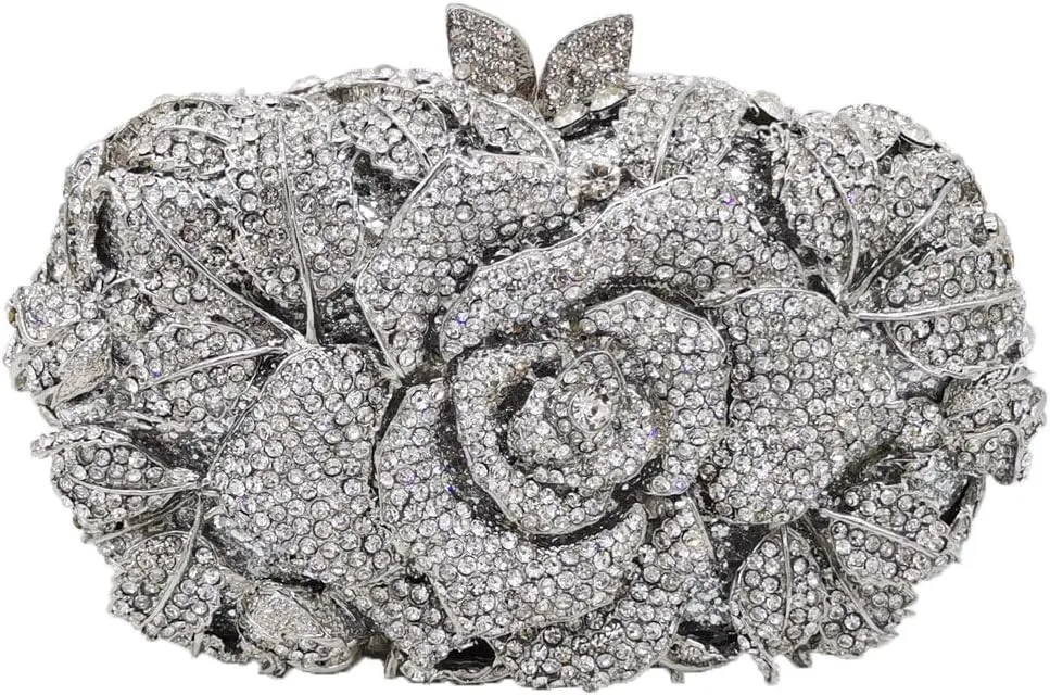 Boutique De FGG Flower Evening Bags for Women Wedding Handbags Crystal Clutch Purse Prom Rose Rhinestone Clutch Purses,Mini