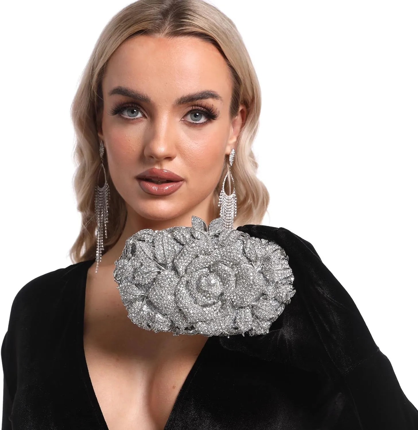 Boutique De FGG Flower Evening Bags for Women Wedding Handbags Crystal Clutch Purse Prom Rose Rhinestone Clutch Purses,Mini