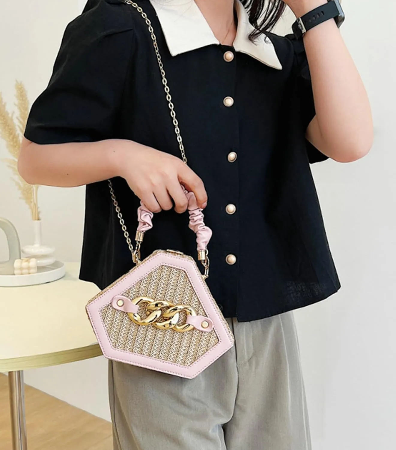 Chain Woven Crossbody Bag Versatile Box Handbag PU Top Handle Chain Strap Mini Satchel Women 2024 Trendy Shoulder