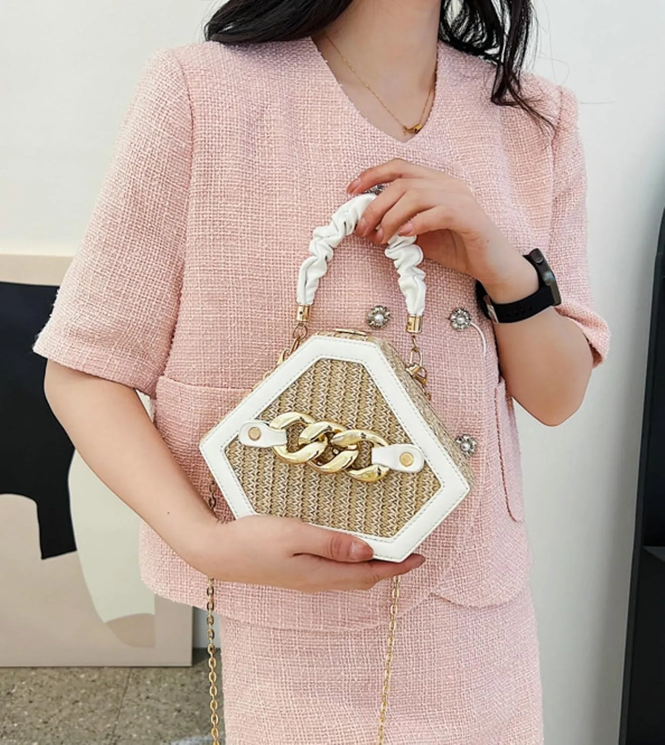 Chain Woven Crossbody Bag Versatile Box Handbag PU Top Handle Chain Strap Mini Satchel Women 2024 Trendy Shoulder