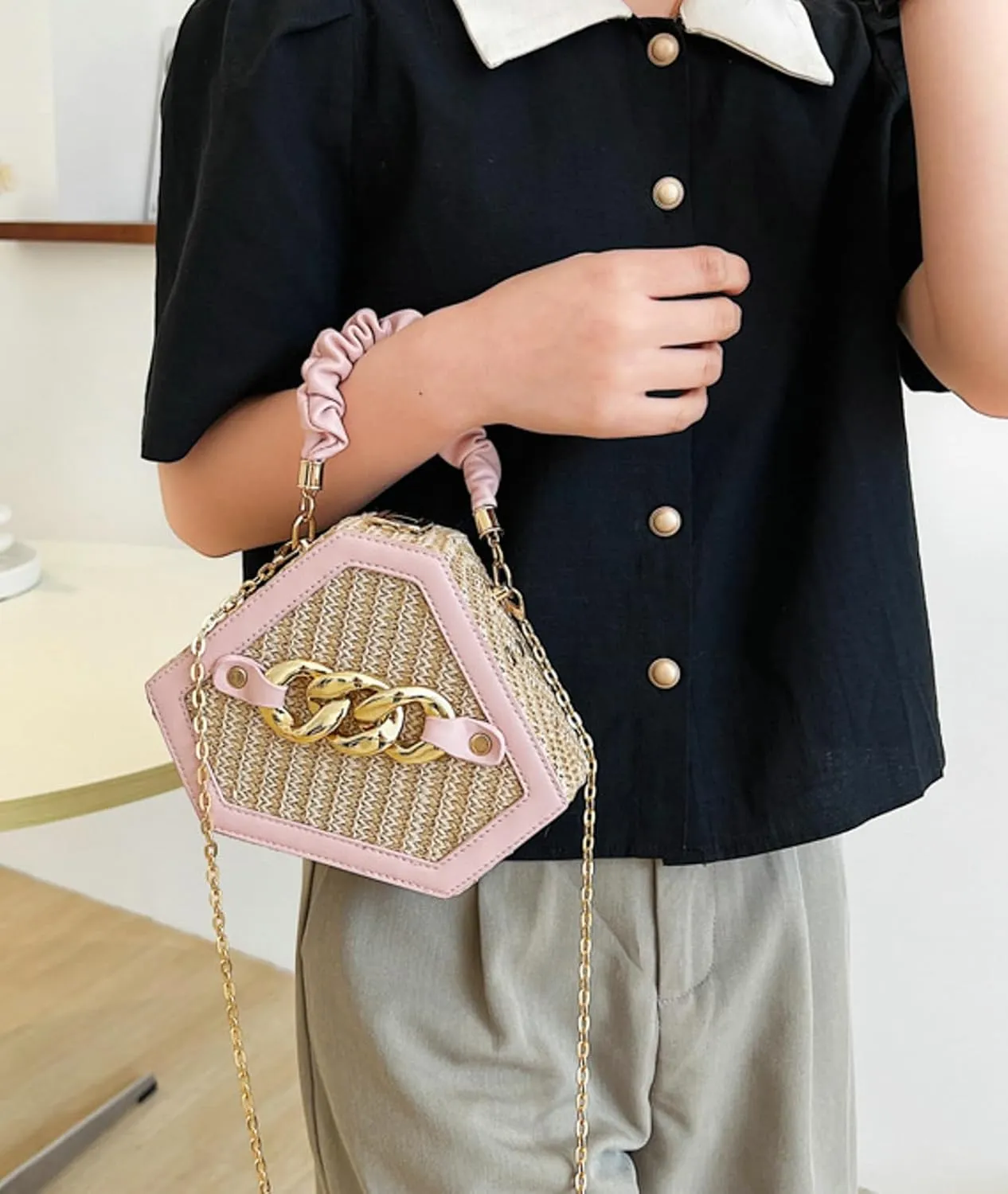 Chain Woven Crossbody Bag Versatile Box Handbag PU Top Handle Chain Strap Mini Satchel Women 2024 Trendy Shoulder
