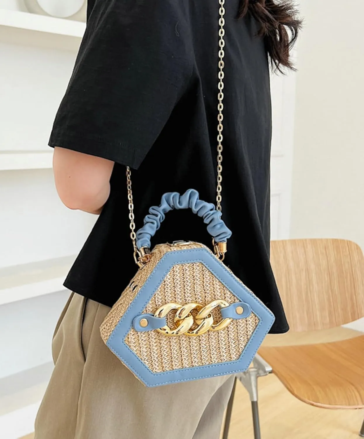 Chain Woven Crossbody Bag Versatile Box Handbag PU Top Handle Chain Strap Mini Satchel Women 2024 Trendy Shoulder