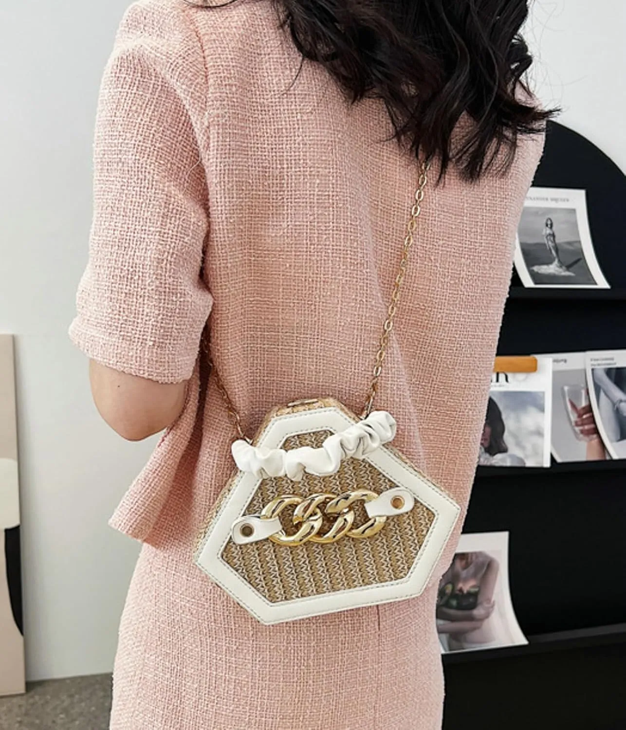 Chain Woven Crossbody Bag Versatile Box Handbag PU Top Handle Chain Strap Mini Satchel Women 2024 Trendy Shoulder