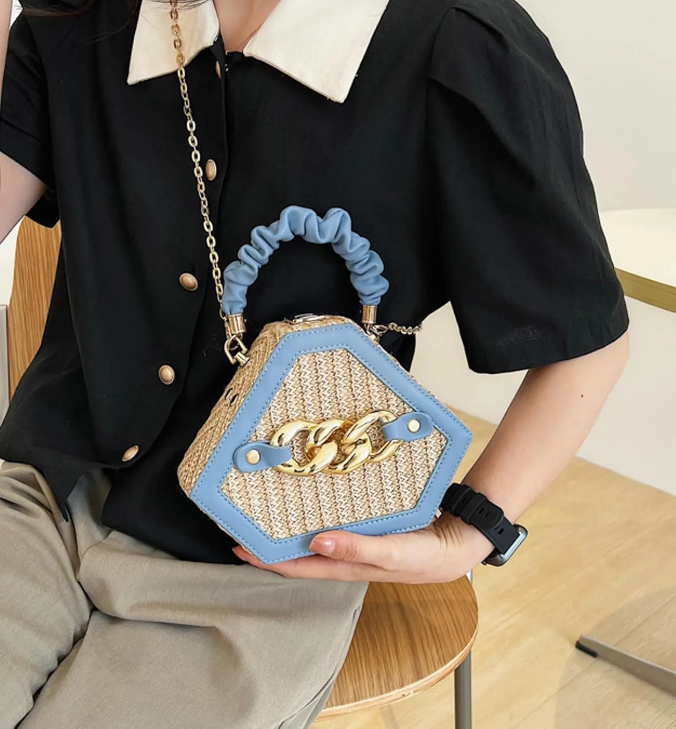 Chain Woven Crossbody Bag Versatile Box Handbag PU Top Handle Chain Strap Mini Satchel Women 2024 Trendy Shoulder