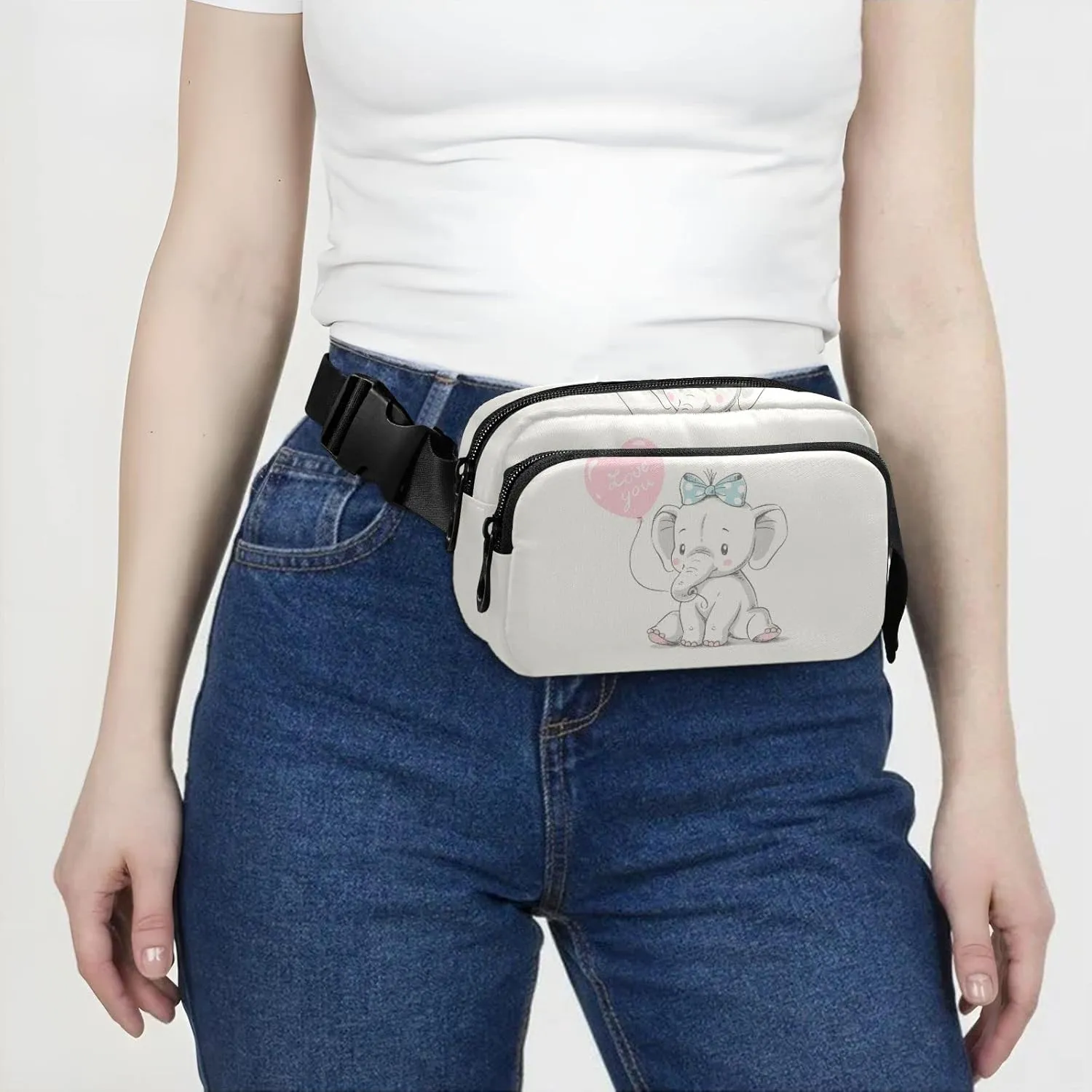 Cute Sitting Elephant with Pink Balloon Writing Love You Retro Style Adjustable Fanny Waist Pack Pouch, Waterproof Runners Sports Waist Pack Wallet for Sports Hiking Fitness Cycling Gym Women Men