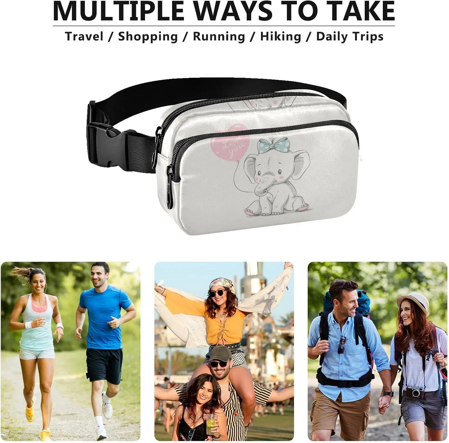 Cute Sitting Elephant with Pink Balloon Writing Love You Retro Style Adjustable Fanny Waist Pack Pouch, Waterproof Runners Sports Waist Pack Wallet for Sports Hiking Fitness Cycling Gym Women Men