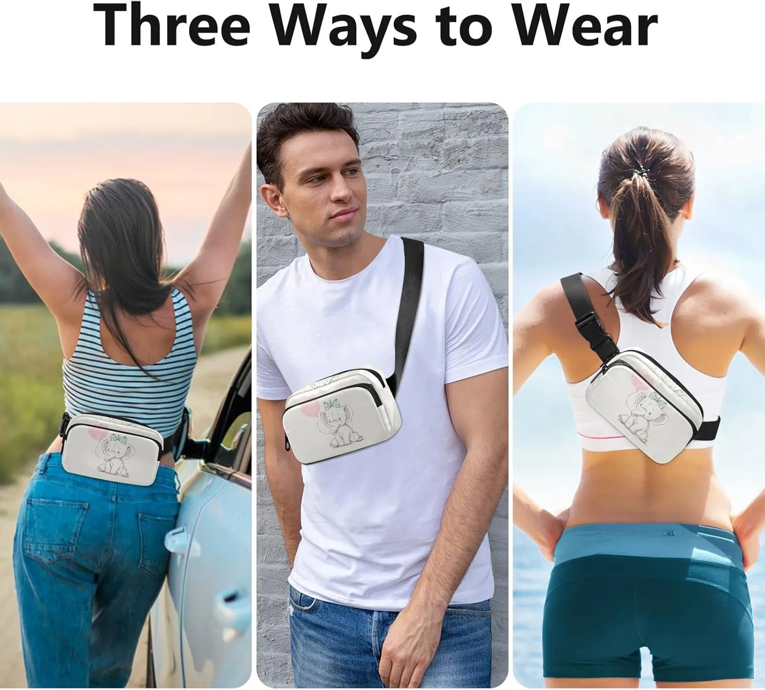 Cute Sitting Elephant with Pink Balloon Writing Love You Retro Style Adjustable Fanny Waist Pack Pouch, Waterproof Runners Sports Waist Pack Wallet for Sports Hiking Fitness Cycling Gym Women Men