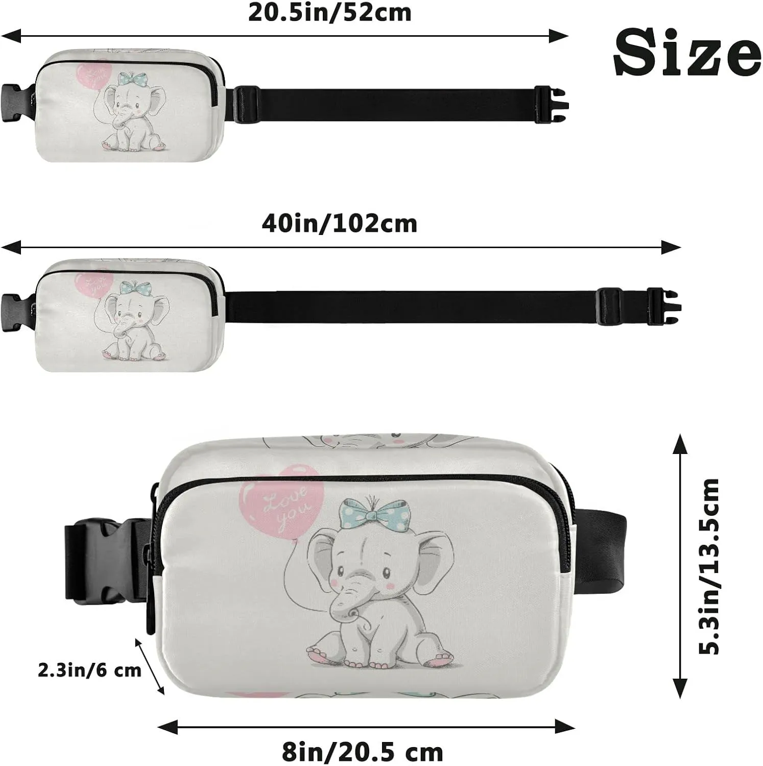 Cute Sitting Elephant with Pink Balloon Writing Love You Retro Style Adjustable Fanny Waist Pack Pouch, Waterproof Runners Sports Waist Pack Wallet for Sports Hiking Fitness Cycling Gym Women Men