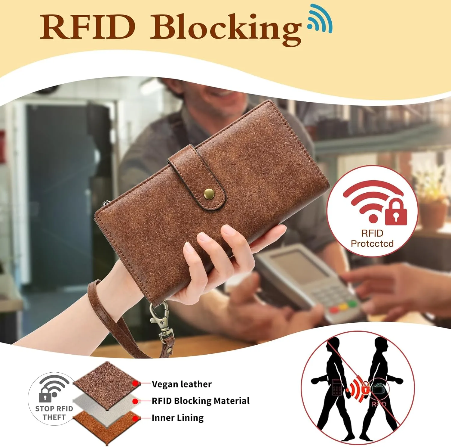 GOIACII Women's Wallet RFID Blocking Ladies Wristlet Clutch Large Capacity Credit Card Holder Leather 4 ID Window Brown
