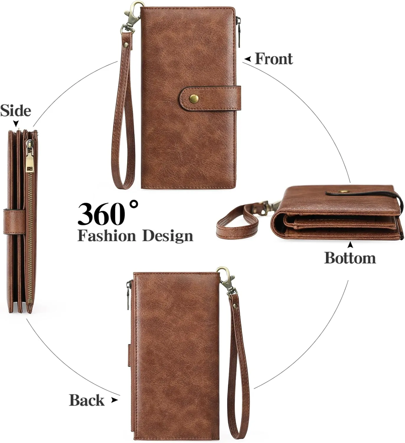 GOIACII Women's Wallet RFID Blocking Ladies Wristlet Clutch Large Capacity Credit Card Holder Leather 4 ID Window Brown