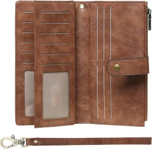 GOIACII Women's Wallet RFID Blocking Ladies Wristlet Clutch Large Capacity Credit Card Holder Leather 4 ID Window Brown