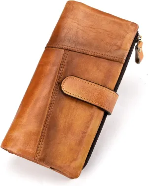 KingTo Genuine Leather Long Wallet for Women Vintage Checkbook Wallets with RFID Blocking Card Holder (Vintage yellow)