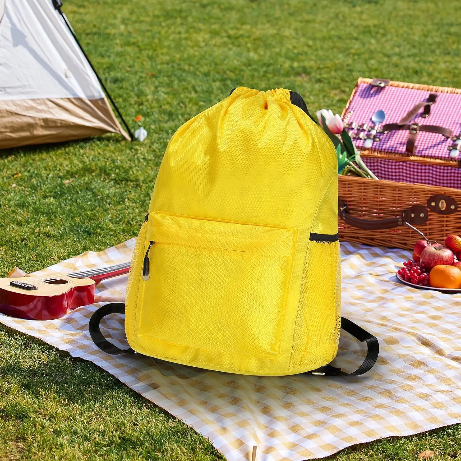 NATURAL STYLE Waterproof Drawstring Bag, Lightweight String Backpack with Water Bottle Holder and Pockets (Yellow)