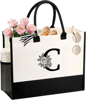 Personalized Name Tote Bag for Women, Birthday Best Friend Bridesmaid Gifts for Women Canvas Initial Tote Bags