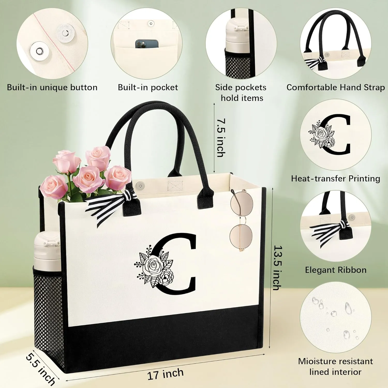 Personalized Name Tote Bag for Women, Birthday Best Friend Bridesmaid Gifts for Women Canvas Initial Tote Bags