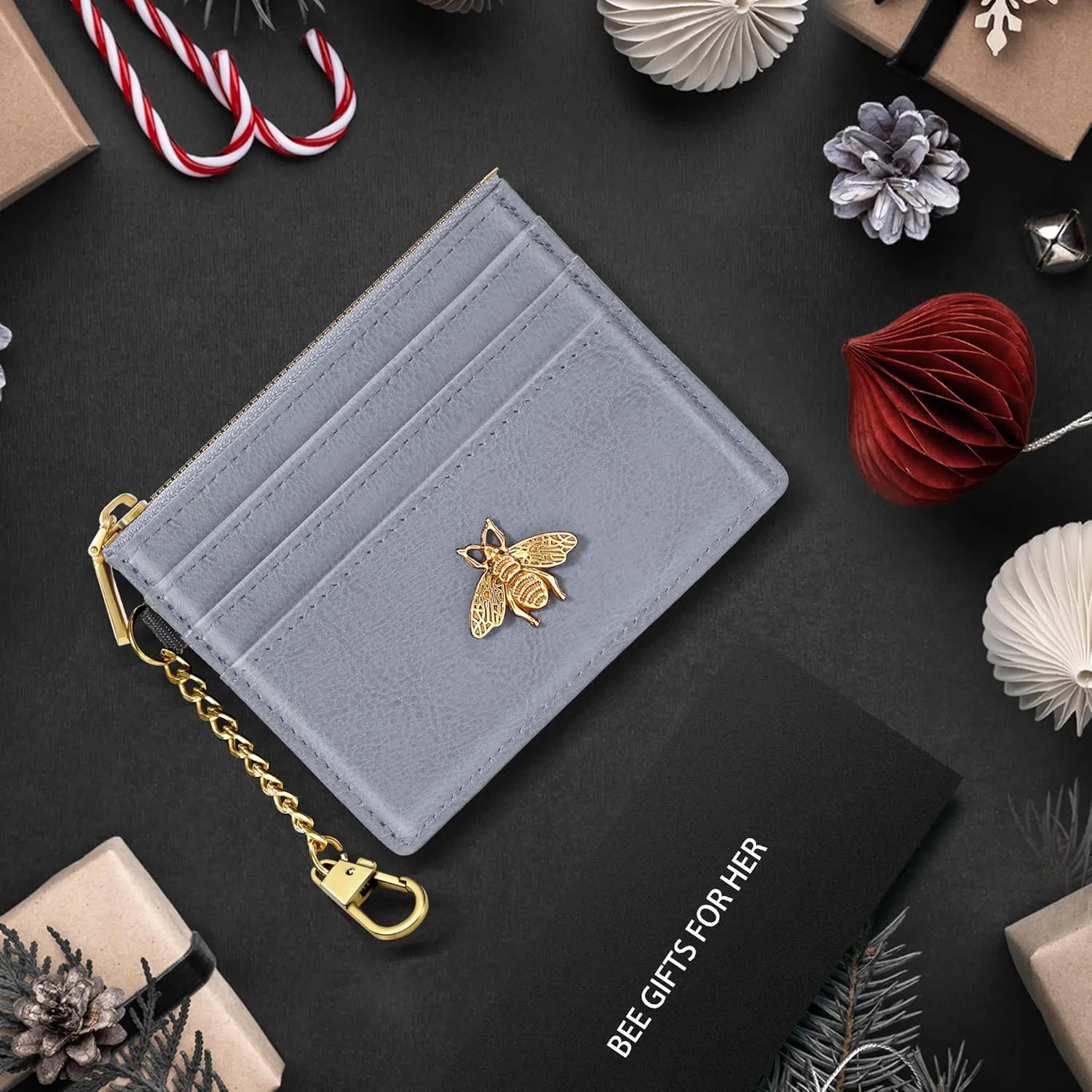 SEAVILIA Card Holder Keychain Wallet for Women with ID Window RFID Coin Purse Bee Gifts Slim Minimalist Small Wallet