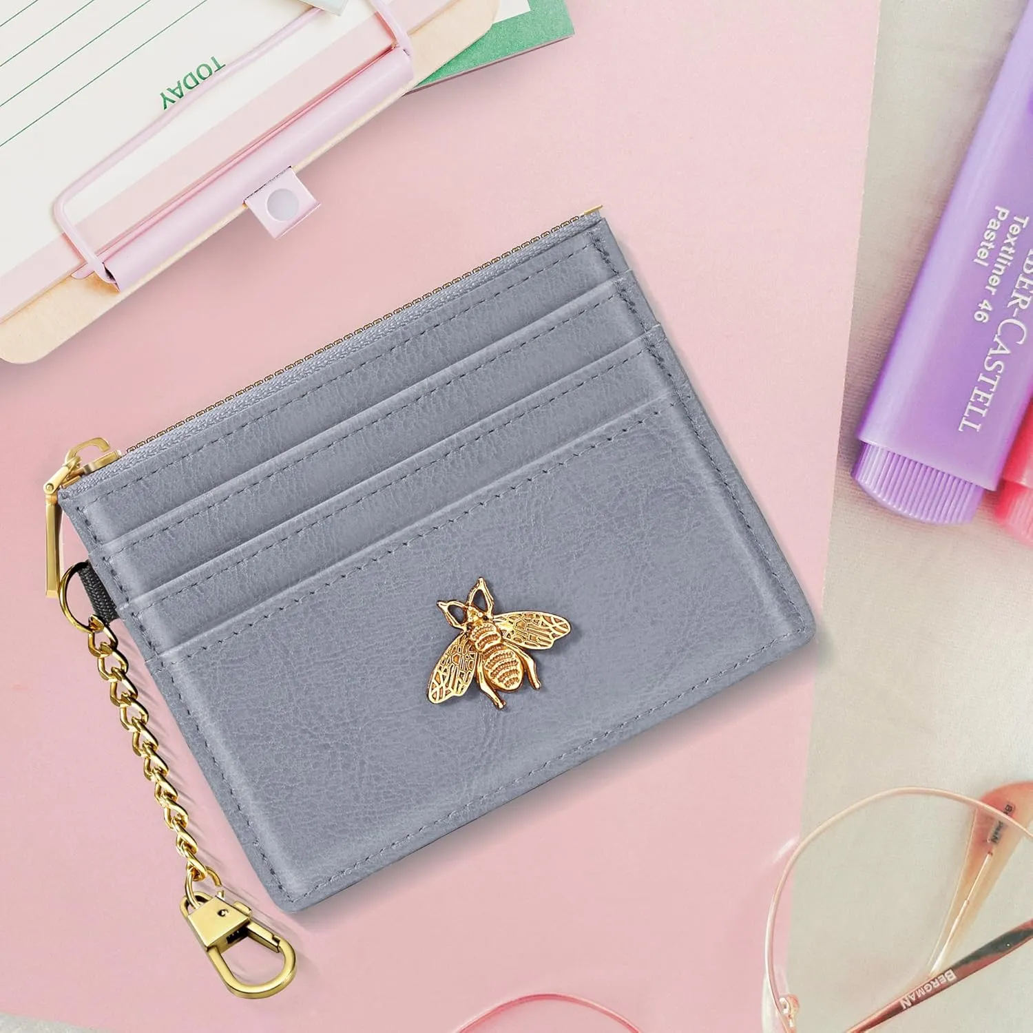 SEAVILIA Card Holder Keychain Wallet for Women with ID Window RFID Coin Purse Bee Gifts Slim Minimalist Small Wallet
