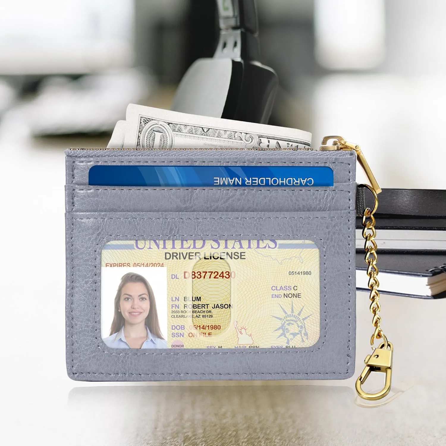 SEAVILIA Card Holder Keychain Wallet for Women with ID Window RFID Coin Purse Bee Gifts Slim Minimalist Small Wallet