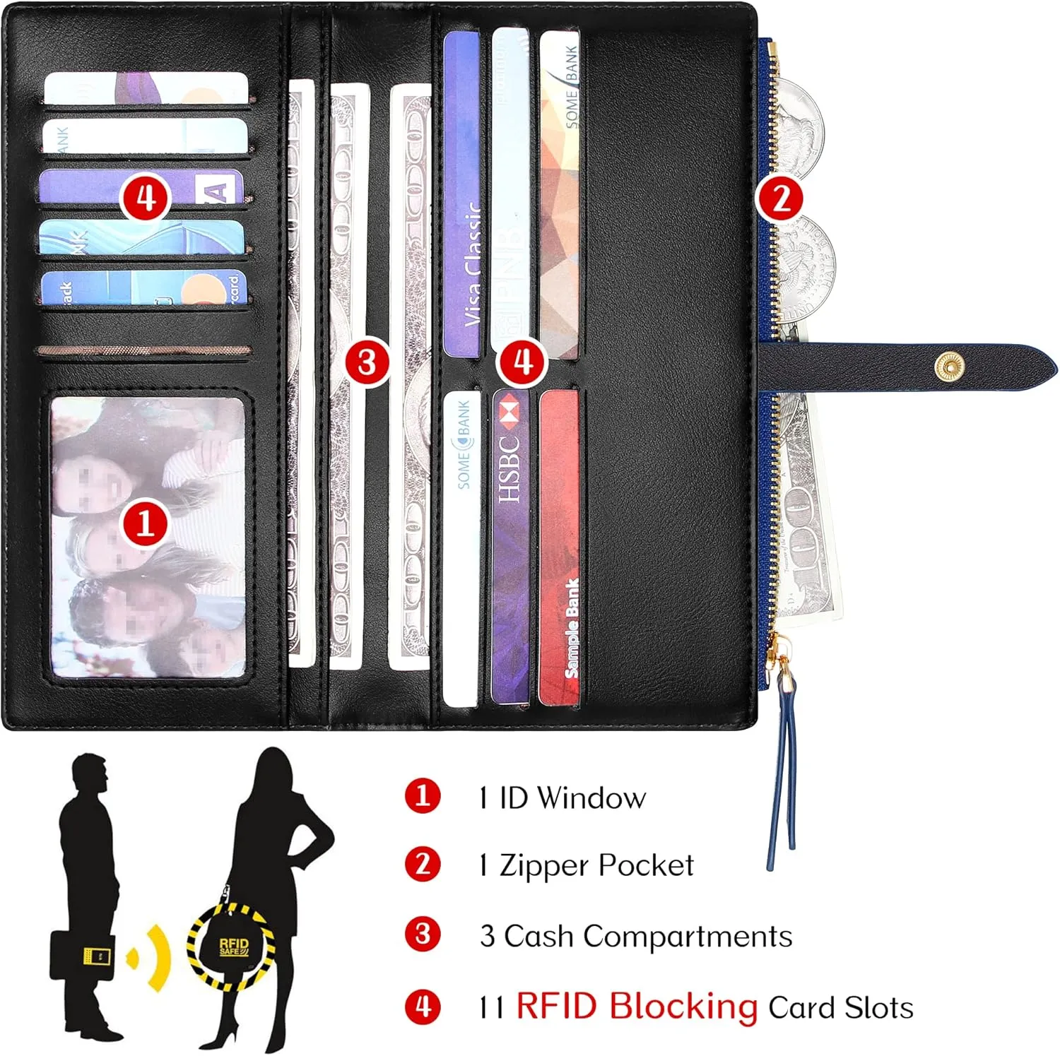 Slim Wallets for Women Credit Card Holder RFID Bifold Clutch Wallets Checkbook with Zipper Pocket