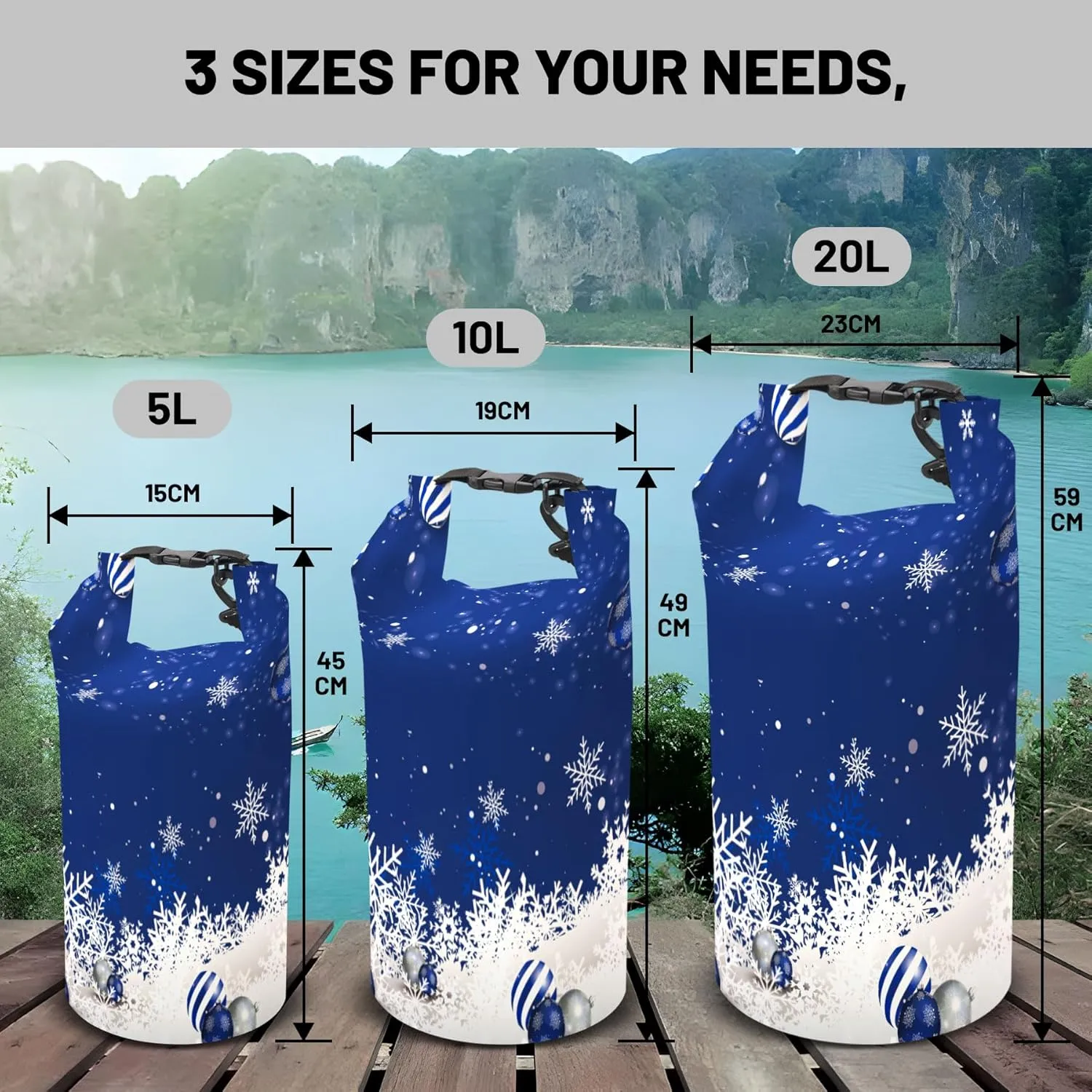 Waterproof Dry Bag,Roll Top Christmas Winter Snowflakes Small Waterproof Backpack 5L/10L/20L Floating and Lightweight Bags for Kayaking, Boating, Fishing, Swimming and Camping