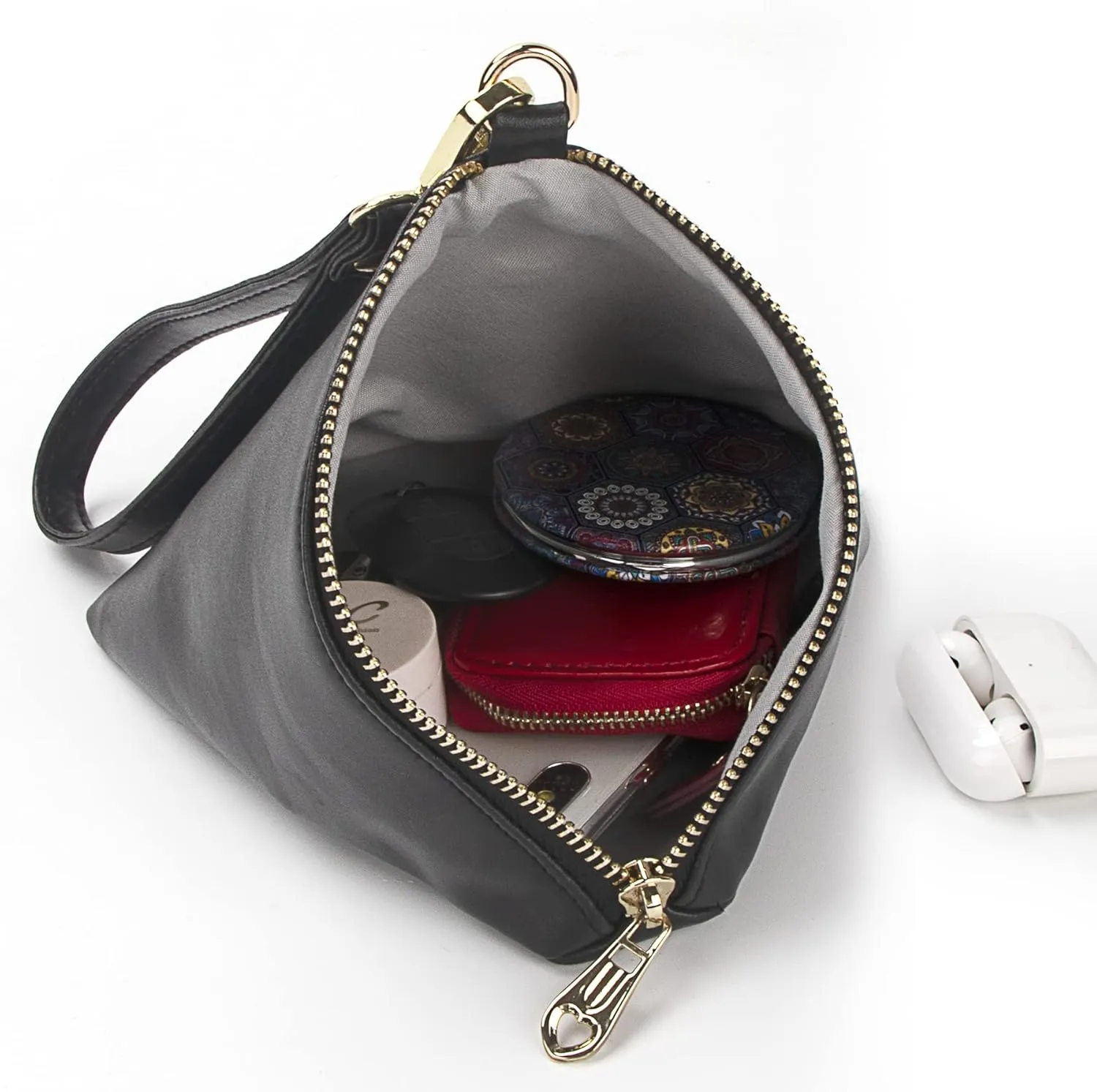 Women Leather Clutch Wallet Triangle Wristlet Purse with Wrist Strap
