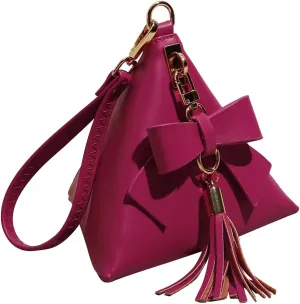 Women Triangle Leather Bow Tassel Charm Evening Wristlet Clutch Purse