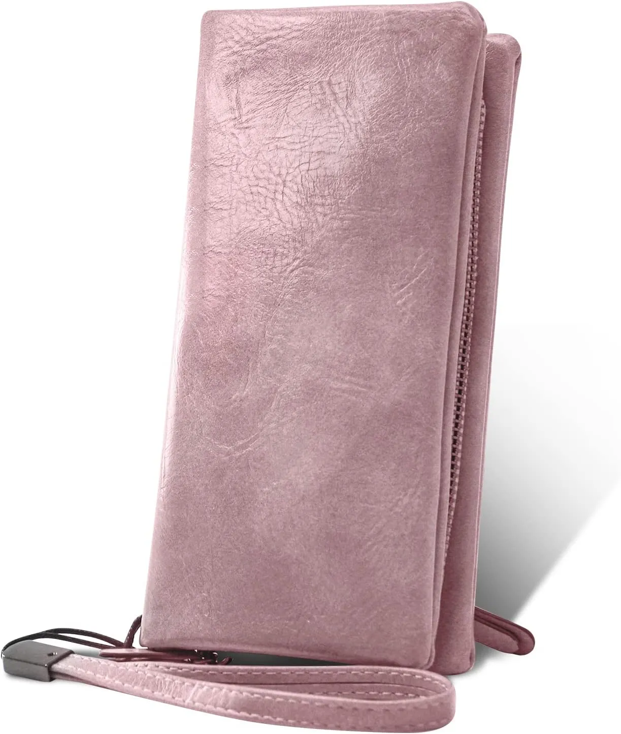Women Zipper Wallets with Wristlet Large Capacity Long Clutch Checkbook Purse Wallet Oil Wax PU Leather
